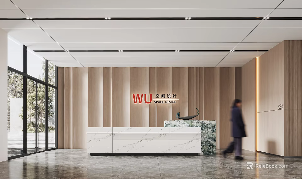 Modern Front Desk Reception Area With Wooden Wall Panel And Marble Countertop 3d model 