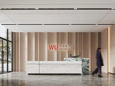 Modern Front Desk Reception Area With Wooden Wall Panel And Marble Countertop 3d model
