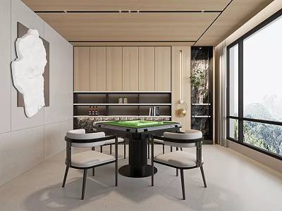 Modern Hotel Mahjong Room Interior With Green Mahjong Table Comfortable Chairs And Large Window 3d model