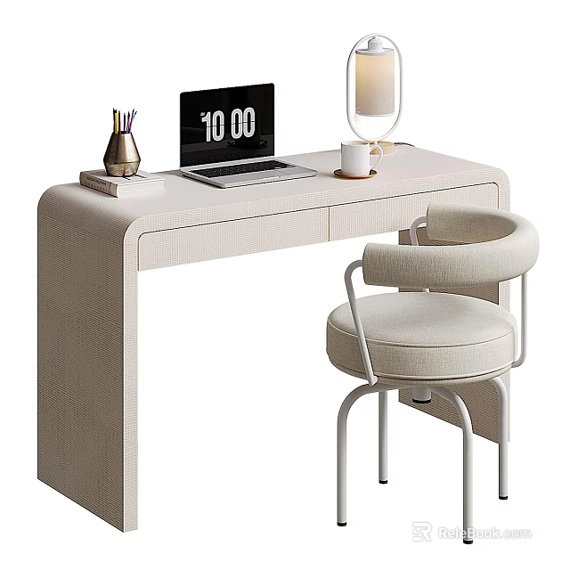 Modern Light Colored Desk Setup With Laptop Table Lamp Mug Pen Holder And Tray 3d model 