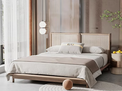 Modern Double Bed with Woven Headboard and Round Pendant Lights in Natural Bedroom Interior 3d model