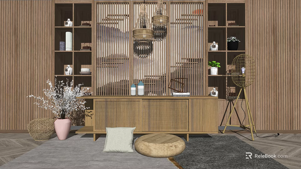 Natural Style TV Stand with Bamboo Screen Pendant Lights Potted Plant and Decorative Items 3d model 