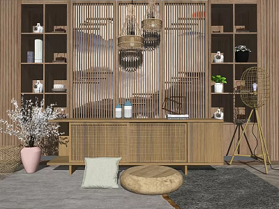 Natural Style TV Stand with Bamboo Screen Pendant Lights Potted Plant and Decorative Items 3d model