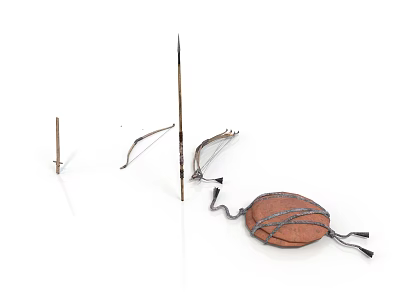 Ancient Traditional Weapons Collection With Spear Bow And Leather Quiver 3d model