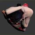 Woman In Red Floral Qipao Posing With Leg Up Hand Behind Head Against Grey Background