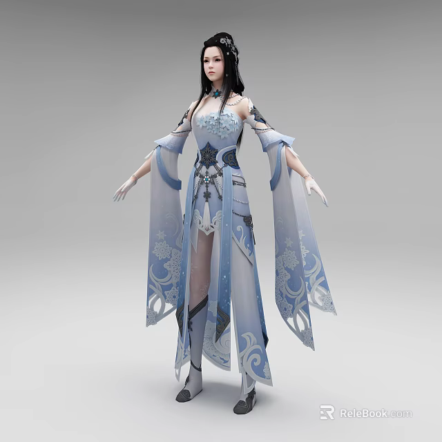 Elegant Traditional Woman In Blue And White Costume With Flowing Sleeves And Intricate Floral Patterns 3d model 
