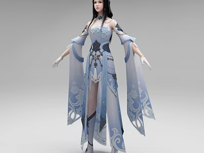 Elegant Traditional Woman In Blue And White Costume With Flowing Sleeves And Intricate Floral Patterns 3d model