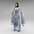 Elegant Traditional Woman In Blue And White Costume With Flowing Sleeves And Intricate Floral Patterns