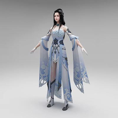 Elegant Traditional Woman In Blue And White Costume With Flowing Sleeves And Intricate Floral Patterns 3d model