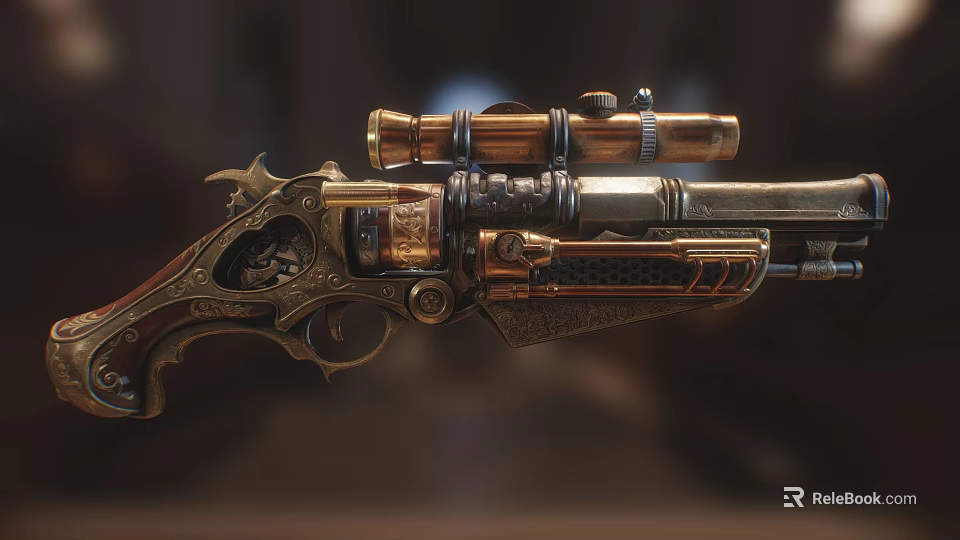 Vintage Ornate Revolver With Intricate Carvings Brass Parts And Telescopic Sight 3d model 