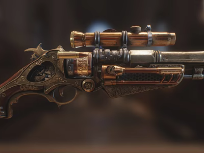 Vintage Ornate Revolver With Intricate Carvings Brass Parts And Telescopic Sight 3d model