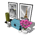 Decorative Ornament Set with Framed Eiffel Tower Bridge Prints Pink Tulips Blue Box Green Decor