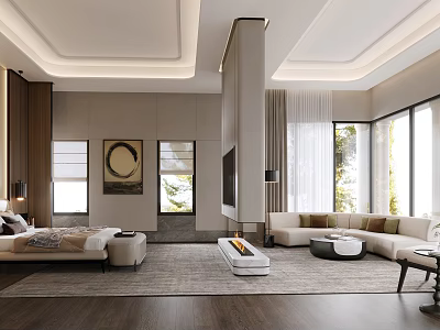 Hotel Guest Room Modern Design With Bed Sofa Floor to Ceiling Windows Fireplace and Decorative Painting 3d model