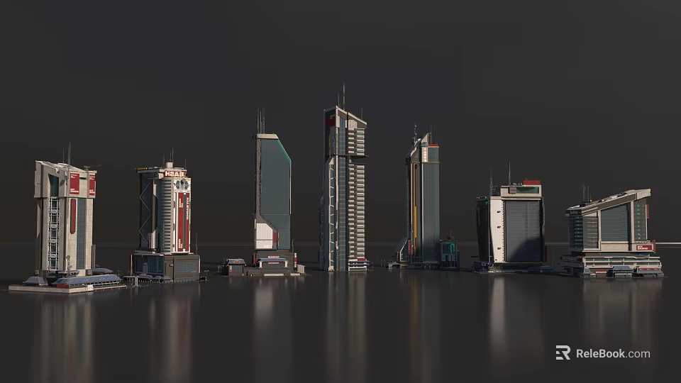Modern City Skyline With Diverse Skyscrapers Along Waterfront And Calm Water Reflection 3d model 