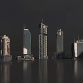 Modern City Skyline With Diverse Skyscrapers Along Waterfront And Calm Water Reflection