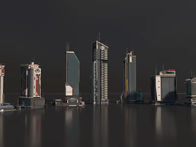 Modern City Skyline With Diverse Skyscrapers Along Waterfront And Calm Water Reflection 3d model