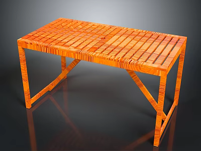 Modern Elegant Orange Wooden Table Featuring Slatted Top And Crossed Legs Design 3d model