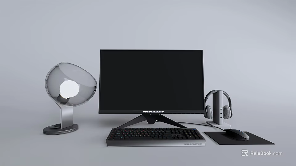 Modern Desktop Computer Setup With Black Monitor Silver Desk Lamp Headphones Keyboard And Mouse 3d model 