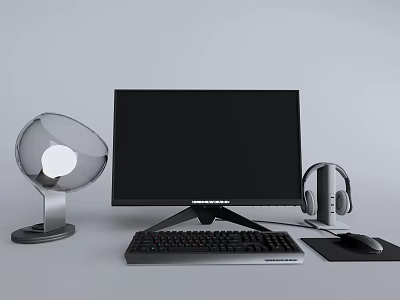 Modern Desktop Computer Setup With Black Monitor Silver Desk Lamp Headphones Keyboard And Mouse 3d model