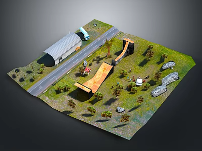 Miniature Scenic Landscape With Road Building Trees Rocks And Greenery 3d model