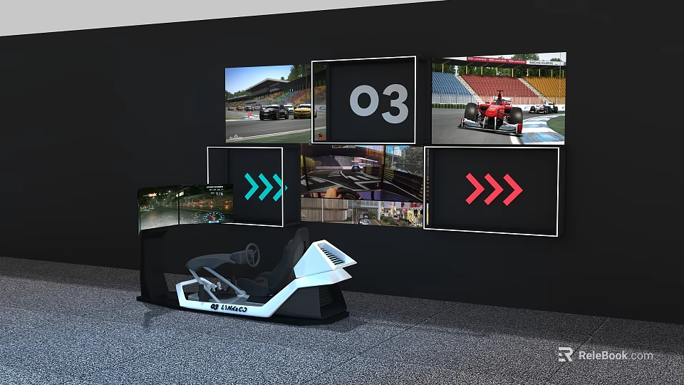 Interactive Zone with Racing Simulator and Multiple Screens Showing Racing Scenes Number 03 and Arrows 3d model