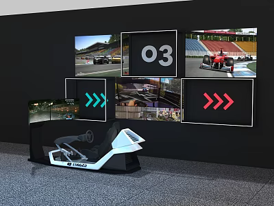 Interactive Zone with Racing Simulator and Multiple Screens Showing Racing Scenes Number 03 and Arrows 3d model