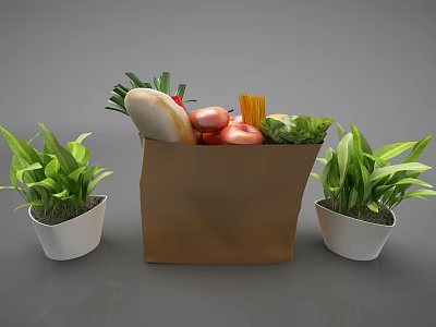 Fresh Food Items In Brown Paper Bag With Vegetables Bread And Green Plants 3d model
