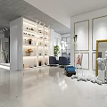 Bridal Shop Interior with Wedding Dress Displays Sofa Green Plants and Wall