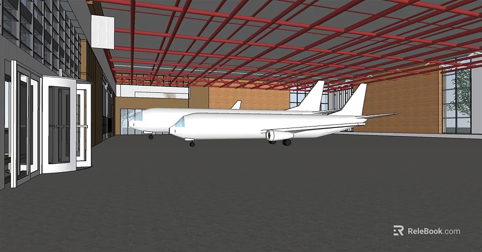White Airplane Parked In Indoor Hangar With Red Steel Roof Brick Walls Windows And Doors 3d model 
