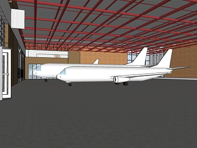 White Airplane Parked In Indoor Hangar With Red Steel Roof Brick Walls Windows And Doors 3d model