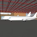 White Airplane Parked In Indoor Hangar With Red Steel Roof Brick Walls Windows And Doors