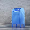 Blue Commercial Equipment With Mail Slot And Door On Paved Ground Against Gray Brick Wall