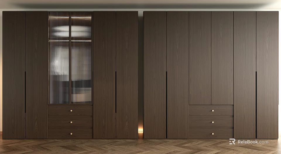 Modern Minimalist Dark Brown Wooden Wardrobe With Doors Drawers And Subtle Lighting On Herringbone Flooring 3d model 