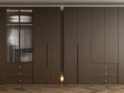 Modern Minimalist Dark Brown Wooden Wardrobe With Doors Drawers And Subtle Lighting On Herringbone Flooring 3d model