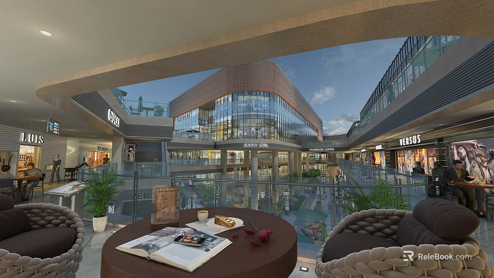 Modern Shopping Mall Atrium Interior With Glass Facade Multiple Floors And Seating Areas 3d model 
