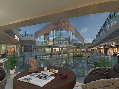 Modern Shopping Mall Atrium Interior With Glass Facade Multiple Floors And Seating Areas 3d model