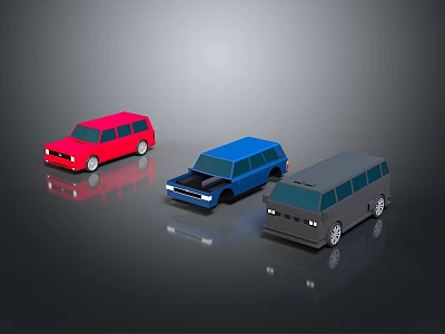 Three Cartoon Style Red Blue Gray Vans With Simple Design On Dark Background 3d model