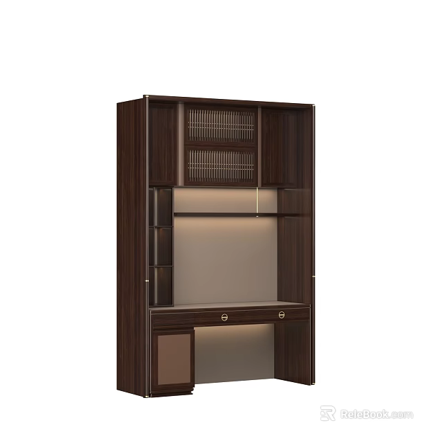 Dark Wood Desk With Built in Bookshelf Drawers And Glass Doors For Home Office 3d model 