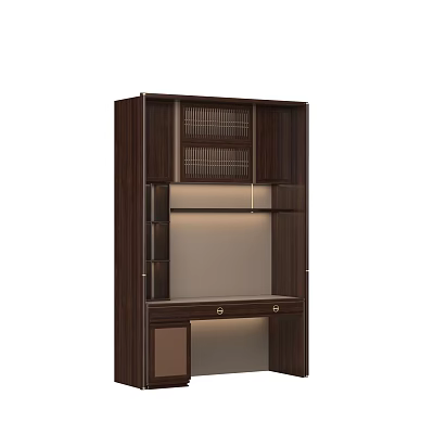 Dark Wood Desk With Built in Bookshelf Drawers And Glass Doors For Home Office 3d model