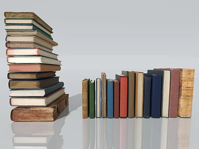 Vintage Stacked And Standing Books Collection With Different Colors Classic Design And Reflections 3d model