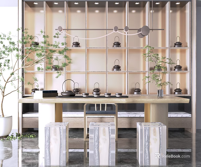 Modern Tea Table and Chairs with Shelves Holding Tea Sets Green Plants and Hanging Lights 3d model 