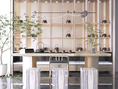 Modern Tea Table and Chairs with Shelves Holding Tea Sets Green Plants and Hanging Lights 3d model