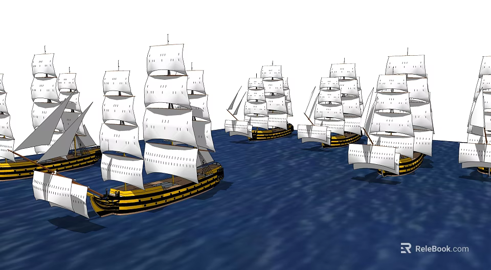 Multiple Classic Sailing Ships With White Sails Sailing On Blue Ocean Waters 3d model 