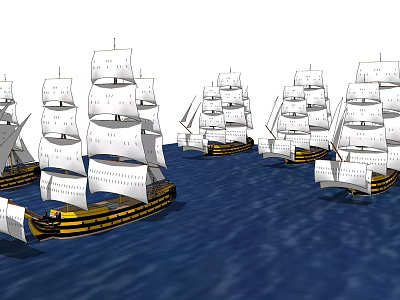 Multiple Classic Sailing Ships With White Sails Sailing On Blue Ocean Waters 3d model