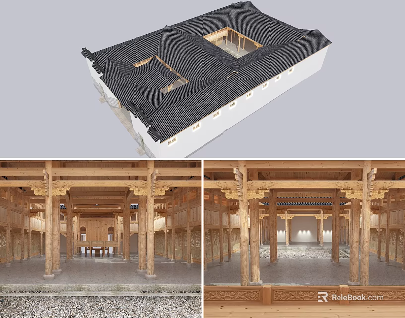 Ancient Chinese Architecture Design With Black Tiled Roof Wooden Columns And Stone Paved Floor 3d model 