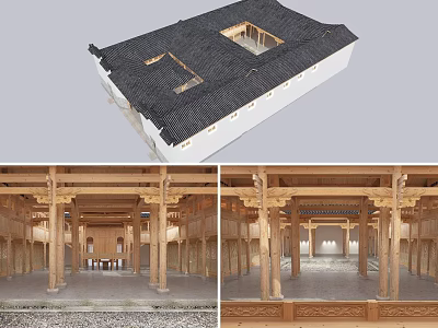 Ancient Chinese Architecture Design With Black Tiled Roof Wooden Columns And Stone Paved Floor 3d model