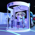 Cosmic Exhibition Hall With Gravitational Wave Theme Arched Entrance And Planet Models