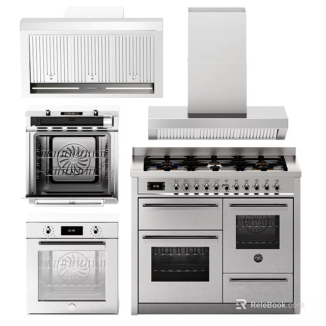 Modern Stainless Steel Kitchen Cookware Including Gas Stove Oven And Range Hood 3d model 
