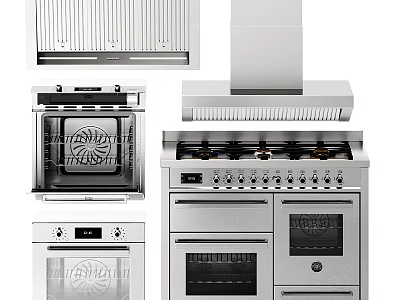 Modern Stainless Steel Kitchen Cookware Including Gas Stove Oven And Range Hood 3d model