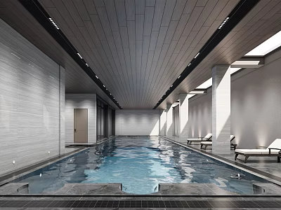 Modern Indoor Swimming Pool Interior With Gray Walls Wooden Ceiling Lounge Chairs And Natural Light 3d model